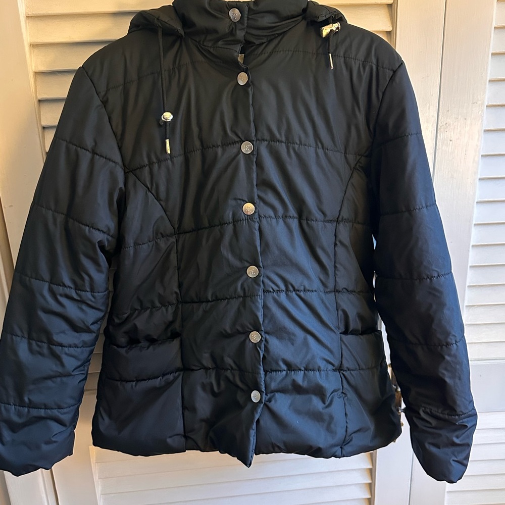 Harve Benard Black Button Quilted Jacket with Hood
